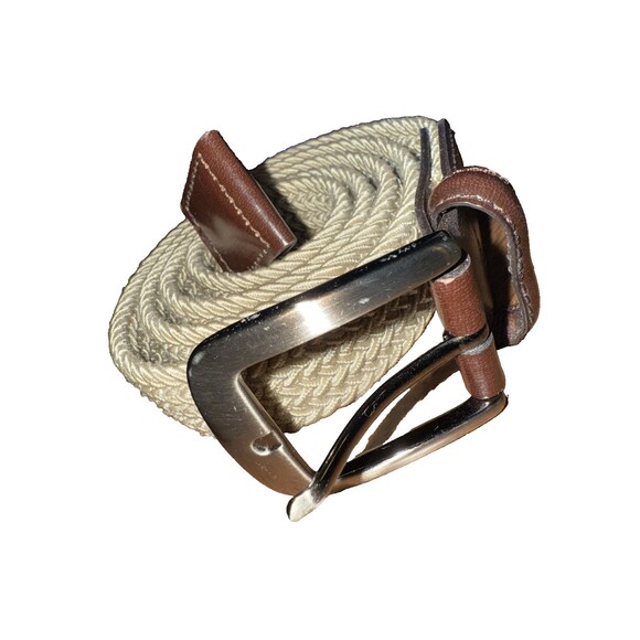Mens Stretch Woven Belt L Khaki Brown Adjustable Leather Trim Golf Classic USA - Picture 2 of 6